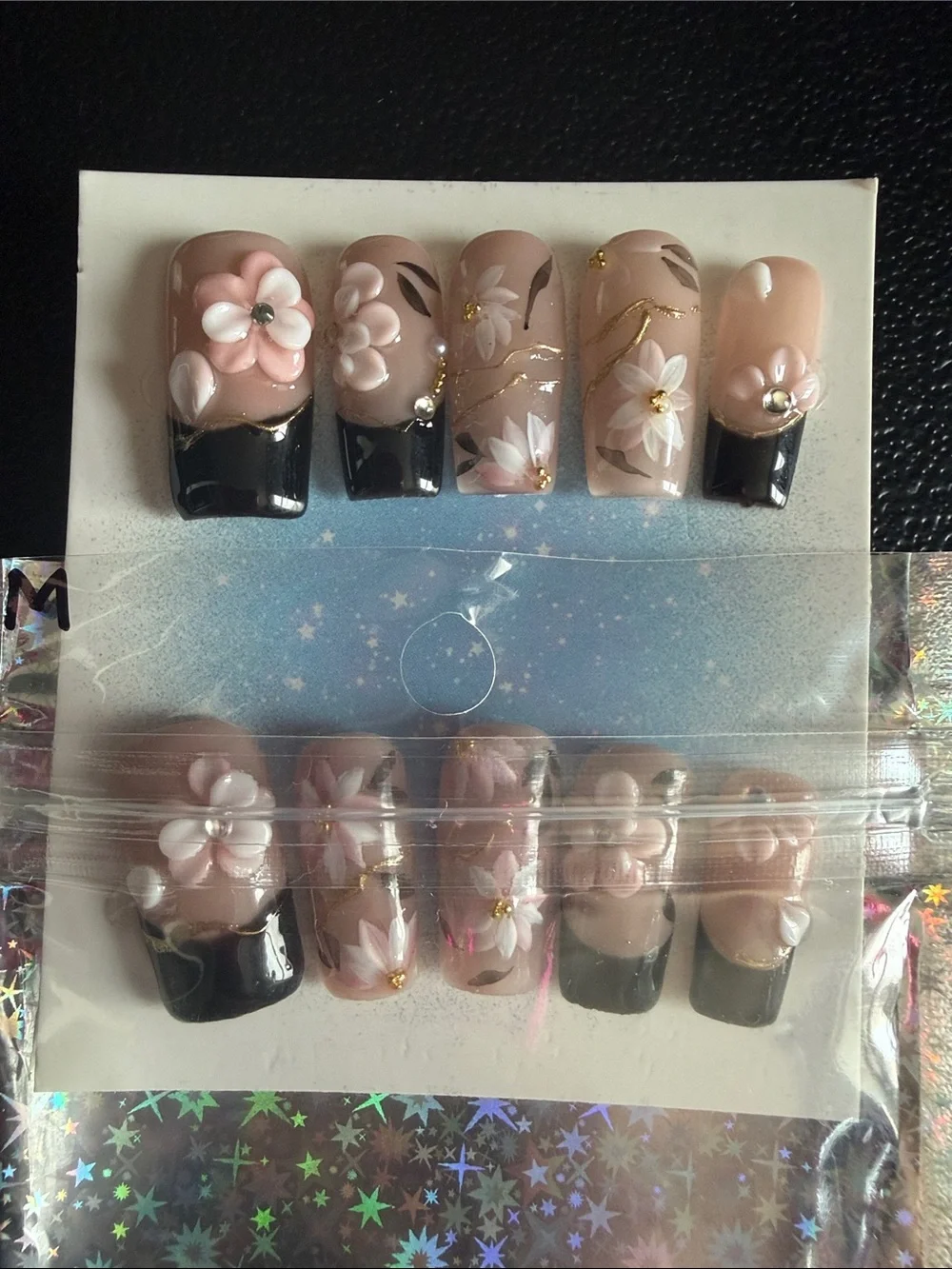 Floral Nude & Black Press-On Nail Set with 3D Flowers